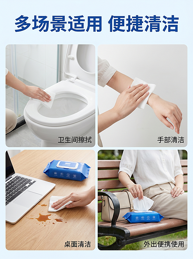生成一张多场景应用图，顶部大标题'多场景适用 便捷清洁'，分成四格分别展示四个使用场景：卫生间擦拭马桶、手部清洁擦拭手臂、桌面清洁擦拭污渍、外出便携放在长椅上，每个场景标注对应文字，整体排版清晰自然，风格真实干净
