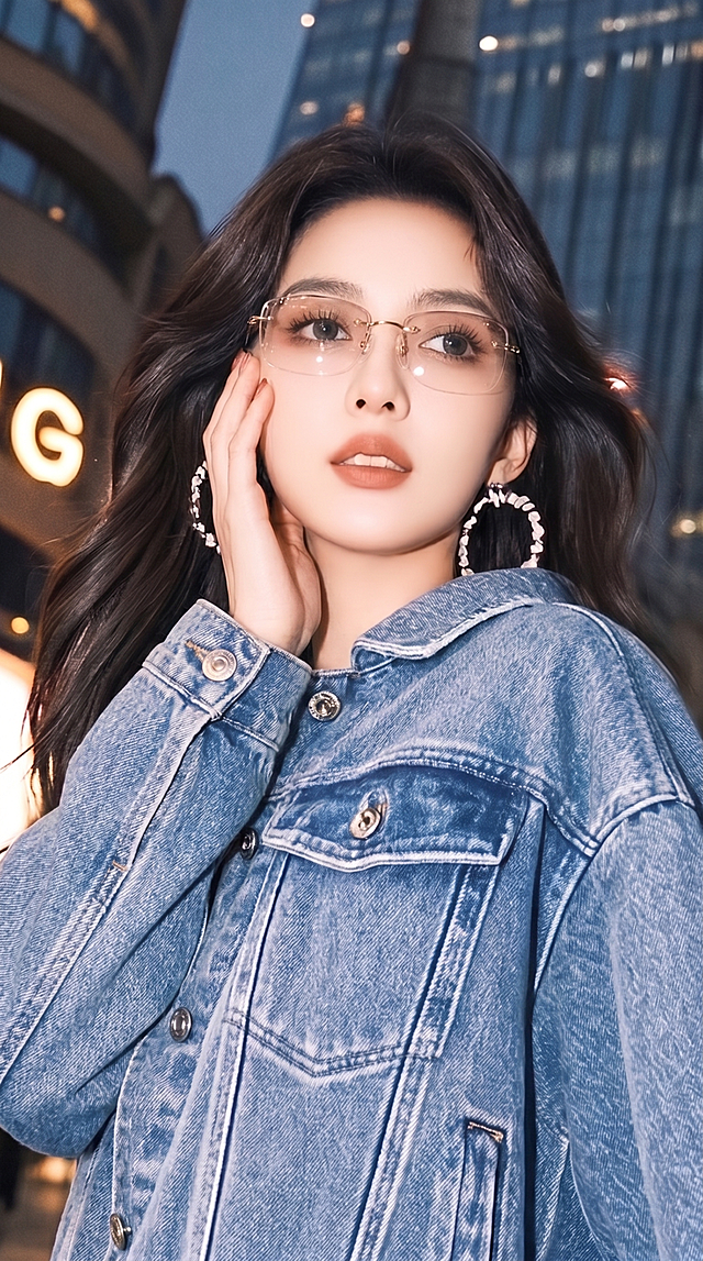 生成女主特写图，姿势参考第二张图（手轻触脸颊、微侧头、眼神看向镜头），女主脸上佩戴无框眼镜，眼镜完全参考第三张图：金色镜架、浅茶色镜片、镜腿带黑色条纹装饰，保持原样不作任何改动；保留第一张图中女主的长发、妆容、牛仔外套与城市夜景背景风格，高清写实风，画面聚焦面部与姿态表现