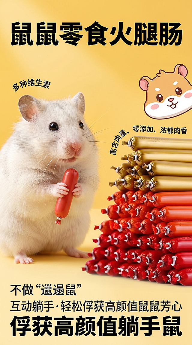 基于提供的产品图，重新生成"语迪"品牌仓鼠零食电商主图海报，主题"属鼠零食 醇厚肉香"。核心主体：左侧一只白色仓鼠，双手捧着一根火腿肠；右侧使用提供的鼠条零食火腿肠产品展示，右上角还有一只Q版卡通仓鼠头像。产品细节标注"高含肉量、零添加、浓郁肉香"。场景设定：明亮的宠物零食电商主图场景，背景为渐变暖黄色，干净简洁，突出产品主体，无多余杂物。风格参考：清新可爱的宠物食品电商海报风格，写实+卡通结合，主体仓鼠为写实质感，右上角仓鼠为Q版卡通风格，拼多多/淘宝宠物零食主图风格，高清商业摄影质感。色调色彩：主色调为暖黄色、浅橙色，搭配白色、粉色点缀，整体明亮温暖，色彩饱和度适中，营造健康、美味、治愈的氛围。构图视角：正面居中构图，主体仓鼠位于画面左侧，产品包装位于画面右侧，文字信息分布在画面上下，无倾斜，视觉重心稳定，符合电商主图的展示逻辑。文字元素：顶部大字标题"鼠鼠零食火腿肠"，左侧小字"多种维生素"，底部文字"不做‘邋遢鼠’""互动躺手·轻松俘获高颜值鼠鼠芳心""俘获高颜值躺手鼠"，字体为加粗黑体，清晰醒目。光影：柔和均匀的正面打光，无明显阴影，产品和仓鼠质感通透，突出食欲感与产品质感。质感：仓鼠毛发细腻柔软，零食包装有轻微反光，整体画面高清、干净，无噪点，商业精修效果。