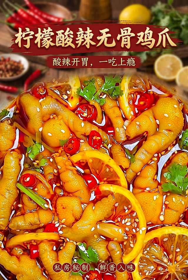 基于这张柠檬酸辣无骨鸡爪图片生成一张A4尺寸的美食海报，保留原图中开胃诱人的酸辣鸡爪主体，色彩鲜亮食欲感强