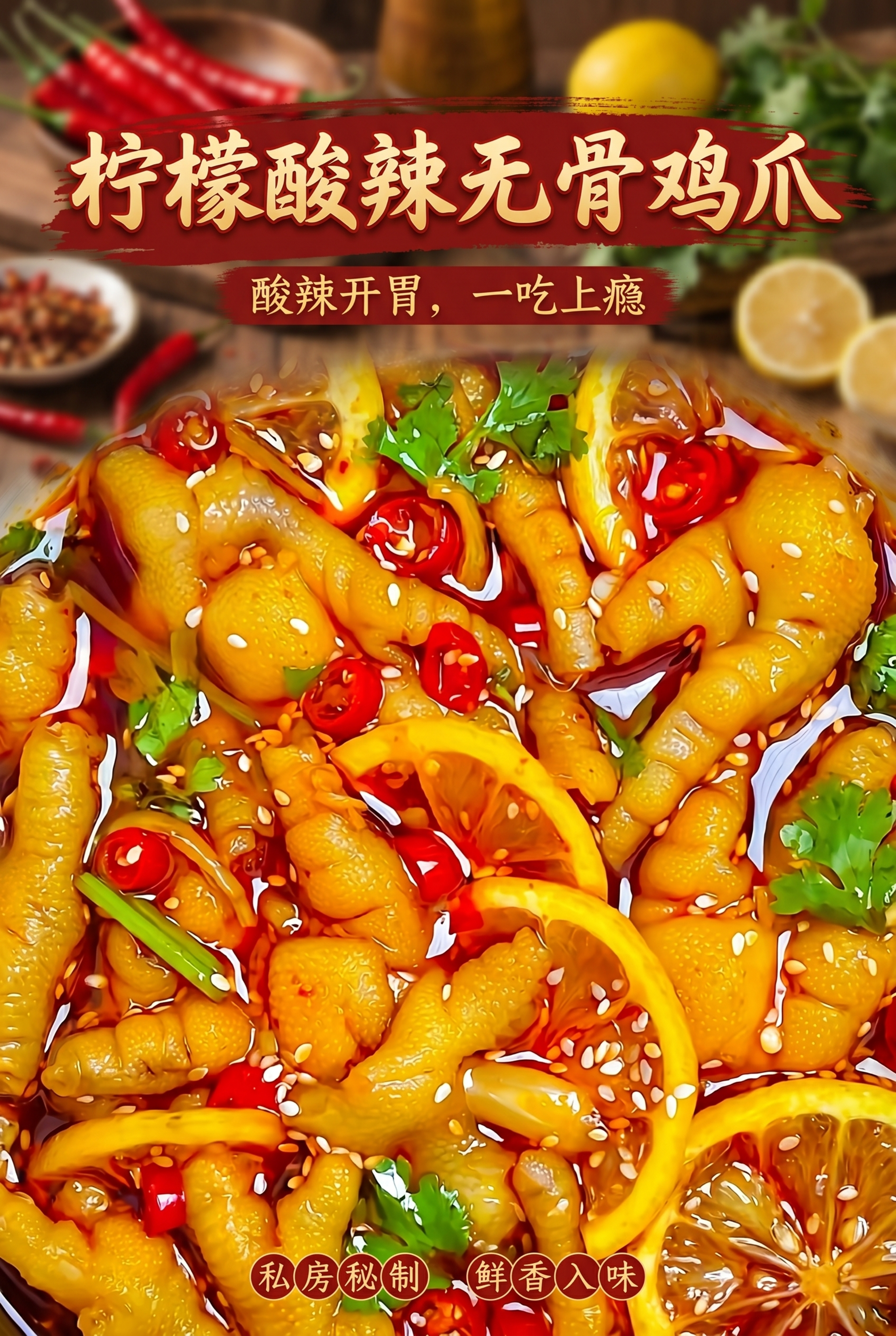 基于这张柠檬酸辣无骨鸡爪图片生成一张A4尺寸的美食海报，保留原… - 图片创意预览