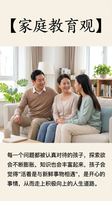 温馨家庭场景，画面中只有一对中年中国父母和一位中国女大学生，整体氛围温馨和谐。图片上方清晰书写正确中文标题【家庭教育观】，图片下方清晰书写正确中文正文：“每一个问题都被认真对待的孩子，探索欲会不断膨胀预览效果