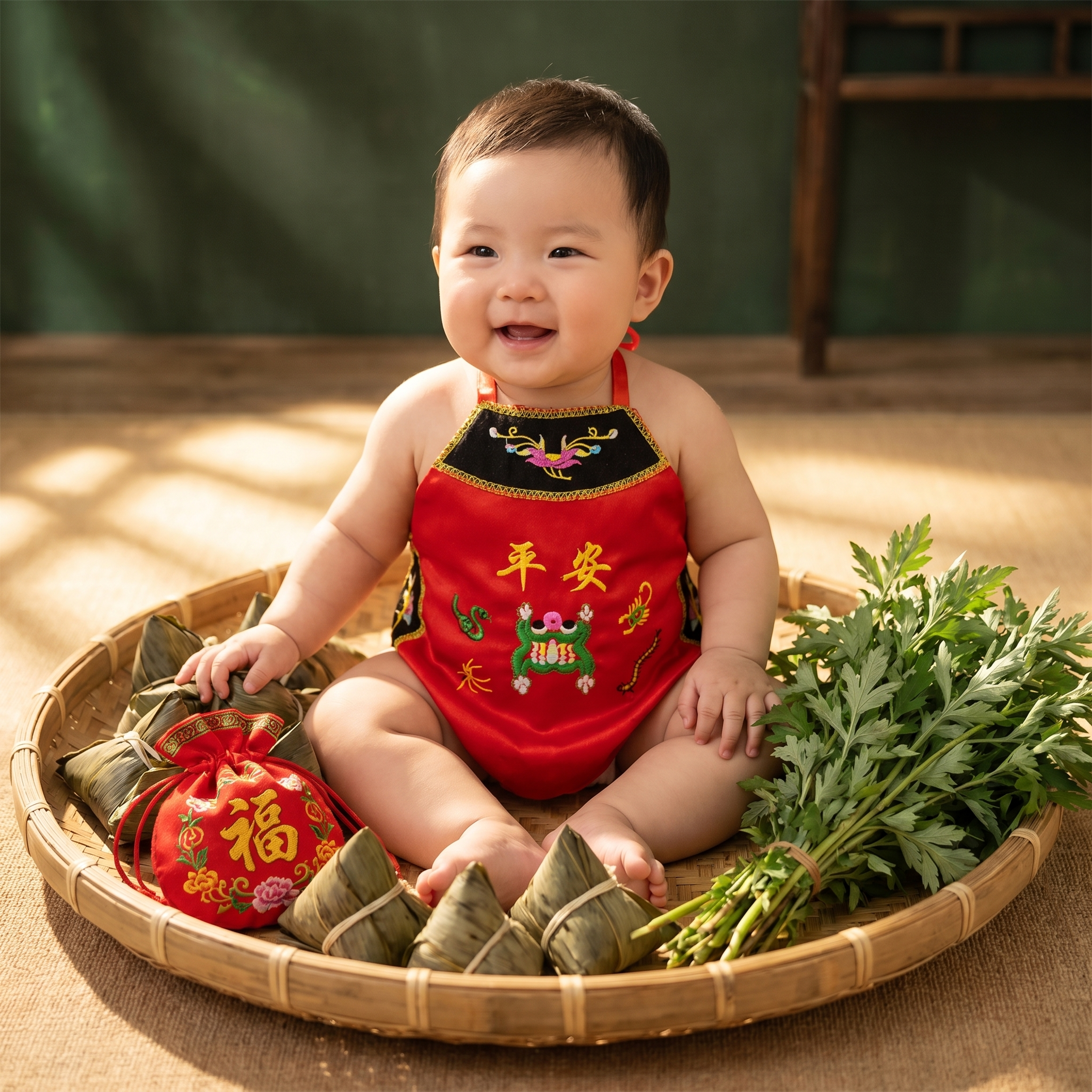 一张国风端午主题宝宝写真海报，画面中心是一个肉嘟嘟的可爱亚洲宝… - 图片创意预览