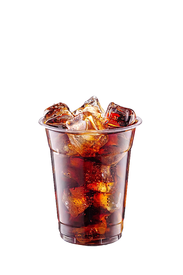 去除透明杯子外壁上所有的水珠，保持可乐、冰块和文字内容不变，保持原画面整体构图和风格不变