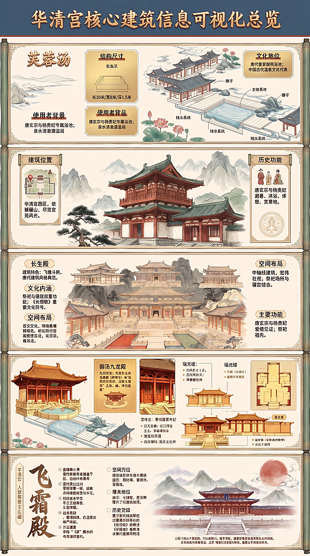 基于华清宫权威史料，全面校正并重写总览图中所有文字内容：修正错别字（如‘建屯斗供’→‘飞檐斗拱’、‘南宫古栾精寺’→‘华清宫’）、理顺病句、统一术语；仅保留核心信息，删除冗余描述；标题字号加大至清晰可读级别；整体保持国风线稿+信息图表风格，结构布局不变。具体修正包括：芙蓉汤—明确为唐玄宗与杨贵妃专属；长生殿—强调其祭祀与寝居双重功能及《长恨歌》文化符号意义；御汤九龙殿—突出‘九间’形制与皇家等级；飞霜殿—说明其命名源于冬季霜雪意象与政治象征；瑶光楼—补充其观景与休憩功能。主标题为‘华清宫核心建筑信息可视化总览’