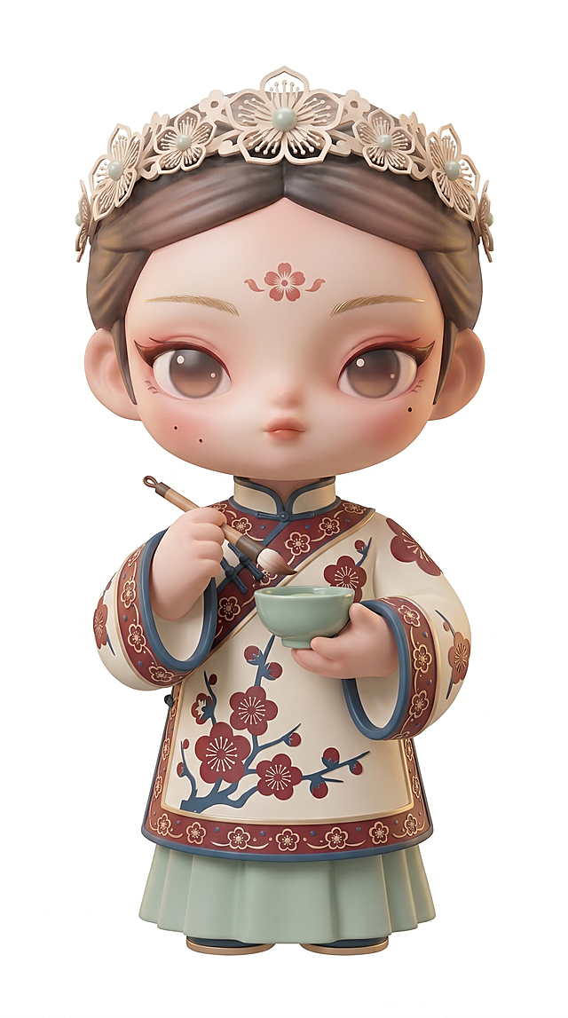 生成3D卡通盲盒手办，延续原有设计风格：Q版可爱的古风人物形象，面部保留宽大双眼、花钿额饰，融入剪纸元素和剪纸纹样，结合美妆主题，保持国风配色，保持原图竖版比例。本次设计：宋代点茶美妆主题形象，身着米白色对襟旋袄，衣身装饰剪纸梅花纹样，头戴剪纸花冠，手持青釉茶盏准备点妆，表情恬静温婉，站在纯白色背景中，精致3D潮玩手办质感，清雅米青配色，保留剪纸和美妆核心元素