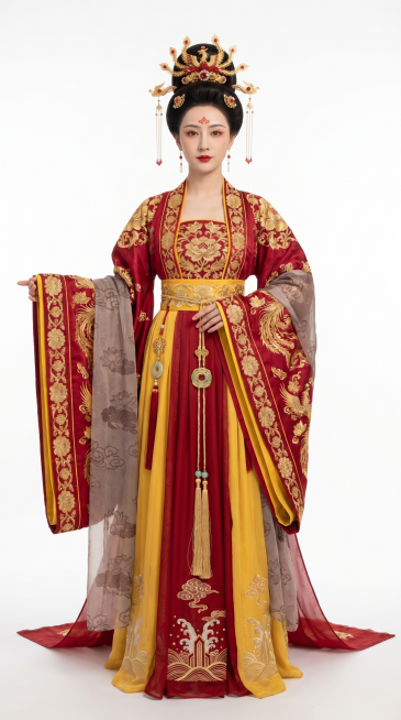 全身构图，一名端庄华丽的中国古代女性，穿着盛唐贵妃正装华服，极致华贵尽显皇家高贵身份，头戴赤金镶宝九鸾步摇与珍珠凤凰发簪，眉心花钿妆容精致明艳，身着齐胸广袖襦裙，衣料为顶级流光蜀锦，全身重工织金刺绣缠预览效果