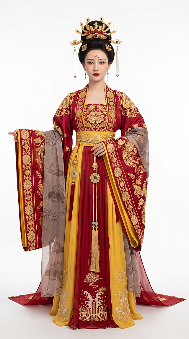全身构图，一名端庄华丽的中国古代女性，穿着盛唐贵妃正装华服，极致华贵尽显皇家高贵身份，头戴赤金镶宝九鸾步摇与珍珠凤凰发簪，眉心花钿妆容精致明艳，身着齐胸广袖襦裙，衣料为顶级流光蜀锦，全身重工织金刺绣缠枝牡丹、鸾鸟与宝相花纹，领口金线滚边，外披半透明烟罗纱披帛，印缠枝莲与云纹飘逸垂坠，下着多层曳地长裙，裙摆绣海水江崖纹，腰系鎏金嵌玉蹀躞带，悬挂玉佩与丝绦流苏，衣袖宽大华丽，服饰色彩以绯红、明黄、鎏金为主，衣物质感细腻通透，刺绣立体精致，金饰珠宝光泽璀璨，褶皱自然灵动，电影级光影，高清细节，五官精致大气，仪态雍容端庄，尽显贵妃尊贵威仪与绝代风华，画面采用纯白色极简背景，高端摄影棚柔光照明，极致细节，8k超清分辨率，写实摄影风格