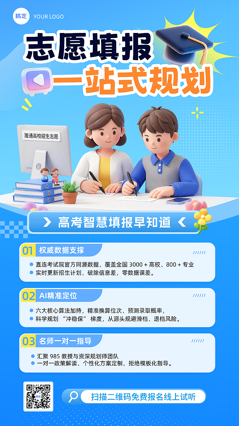 高考志愿填报机构服务介绍软3D风卡通人物促销宣传竖版海报