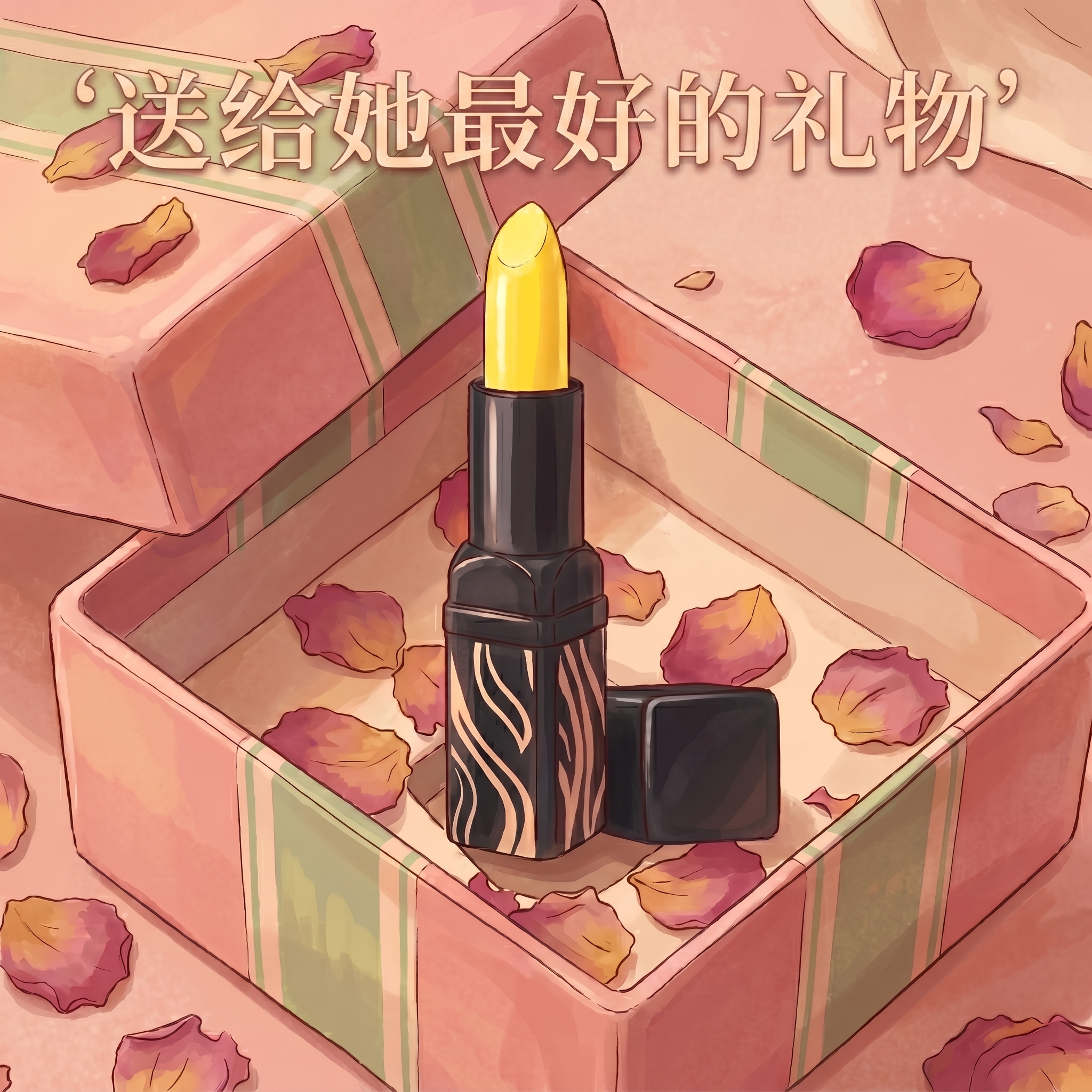 在现有动画风格图基础上，添加一行文字：‘送给她最好的礼物’。文… - 图片创意预览