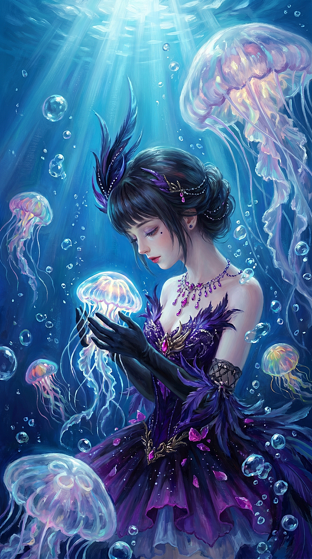 水下油画风格，在深蓝色水下场景中，淡蓝色光束透过水体照射，紫黑色羽毛礼服人物低头双手捧着一只发光小水母，周围环绕彩色水母、巨型水母和水汽泡，梦幻氛围，空间感强，保持人物形象外观不变，展示人物上半身特写，油画质感