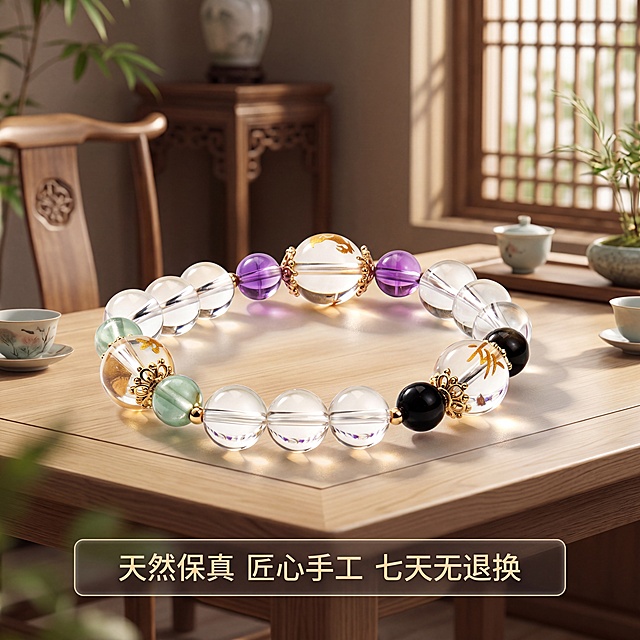 [主图 5] 天然白水晶多宝手串产品整体与服务展示；[氛围风格]新中式禅意商业静物摄影，通透高级质感；[画质]8K超高清商业摄影质感，产品清晰真实，画面干净高级，去除廉价感和工业假感，保证产品不变形；[元素]天然白水晶多宝手串完整居中展示，背景为淡雅浅木色茶室背景，底部预留服务信息区域，保持手串整体外观撞色设计与输入产品图绝对一致，杜绝变形色差。商品主体完整展示，大小适中构图均衡，画面满铺无边框；[光影]暖金色柔和侧光，整体光线均匀通透，突出产品整体轮廓与质感；[配色]低饱和暖调，保持整体风格统一；[视角构图]平视完整展示构图；[文字版式]底部半透明悬浮条（两端留空）横向排列三个服务承诺：天然保真 匠心手工 七天无退换，文字清晰浅色文字深底对比，不遮挡产品主体；[比例分辨率]1:1 比例，2K分辨率，文字清晰锐利，超高清画质；[负向提示词]廉价感，模糊感，工业假感，产品变形，水印，文字错乱，背景杂乱，遮挡主体