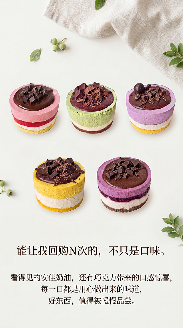 设计一张美食推广海报，将提供的五款巧克力蛋糕图片全部添加进去，保持每个蛋糕原本的样子不变，不修改蛋糕外观，配上文案："能让我回购N次的，不只是口味。看得见的安佳奶油，还有巧克力带来的口感惊喜，每一口都是用心做出来的味道，好东西，值得被慢慢品尝。"，海报风格干净清新，突出甜品的诱人质感，构图整齐美观