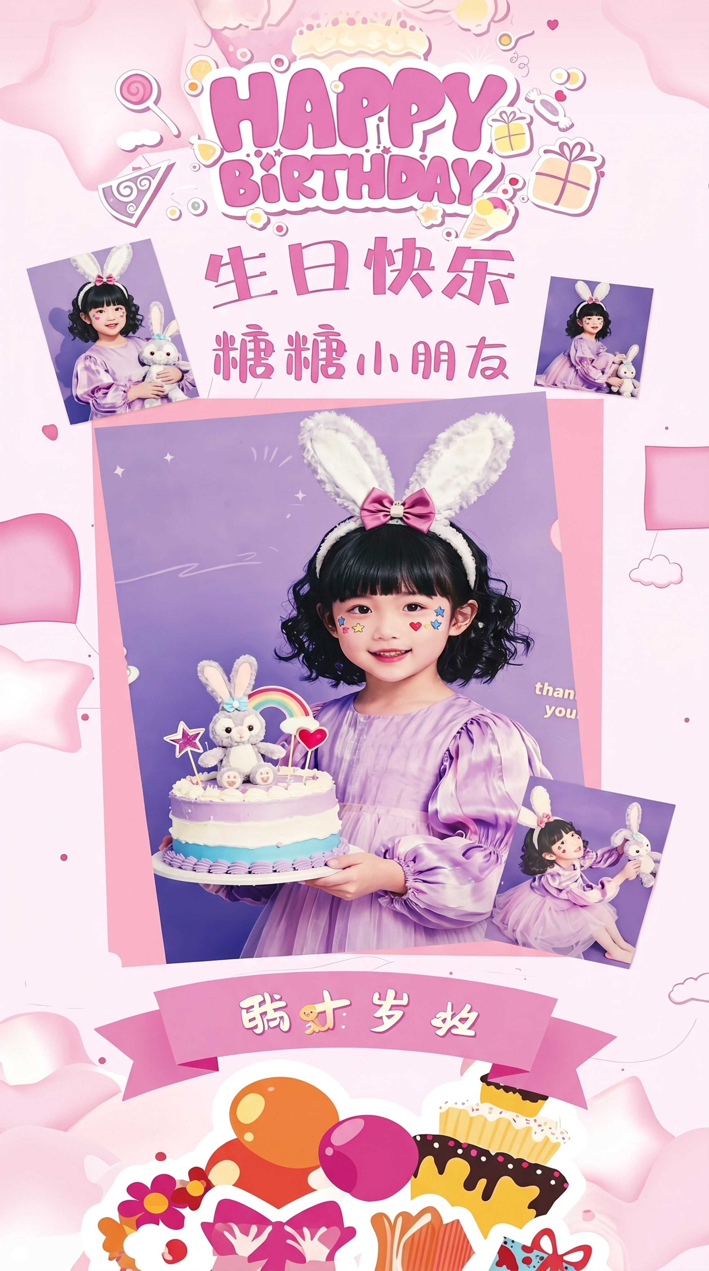 生成一张和参考图一模一样的儿童生日海报，尺寸为80*180cm… - 图片创意预览