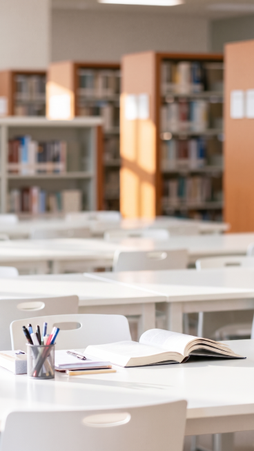 移除画面中的人物，保留书桌、打开的书本、笔筒和文具，保留图书馆书架和桌椅背景，保持整体风格和光影一致预览效果