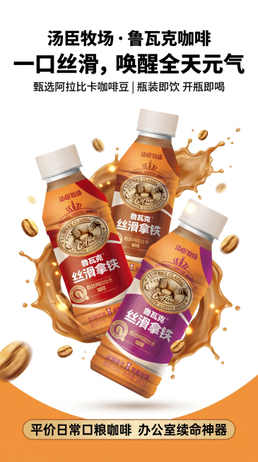 9:16竖版电商详情页，页面定位店铺流量承接，第一眼抓眼球，展示汤臣牧场・鲁瓦克咖啡。将焦糖红瓶、原味棕瓶、摩卡紫瓶3款咖啡瓶身做三角错落组合全景构图，纯白高级光影背景，干净通透白底，添加咖啡液飞溅、预览效果