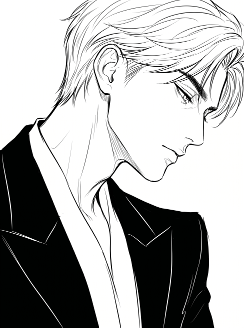根据参考人物五官特征，生成极简黑白线条勾勒的特写插画，人物呈低头侧脸姿态，颈部线条舒展，人物占据画面约90%的视觉空间，特写构图突出人物轮廓美，人物穿着黑色礼服，肩部剪裁利落夸张，整体为极简主义黑白线预览效果