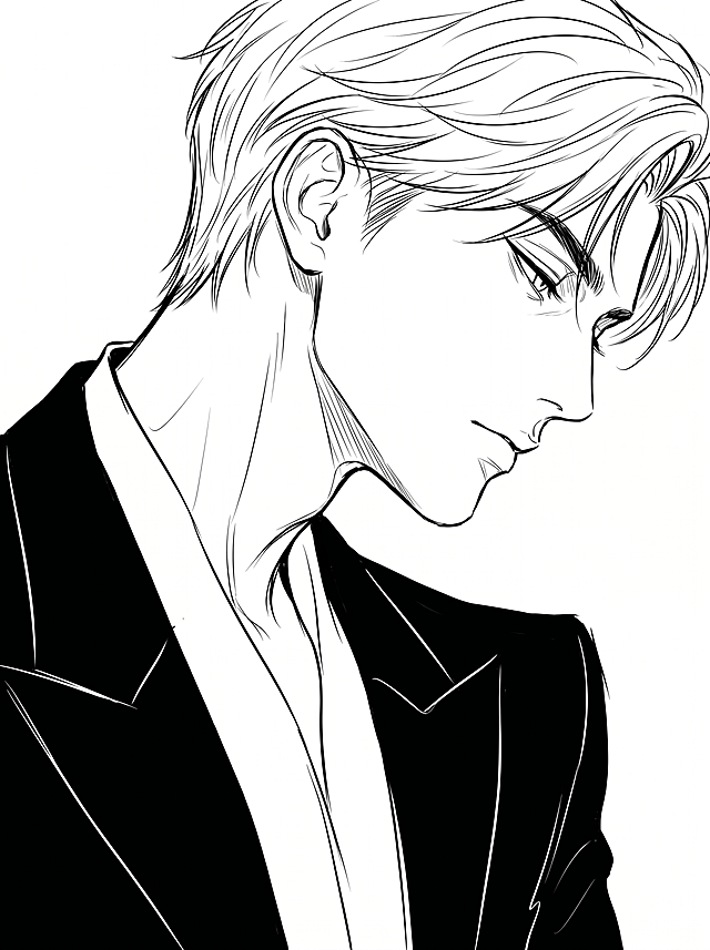 根据参考人物五官特征，生成极简黑白线条勾勒的特写插画，人物呈低头侧脸姿态，颈部线条舒展，人物占据画面约90%的视觉空间，特写构图突出人物轮廓美，人物穿着黑色礼服，肩部剪裁利落夸张，整体为极简主义黑白线条插画风格，高对比度黑白色块搭配流畅写意的线条，兼具时尚感与高级感，类似时装插画