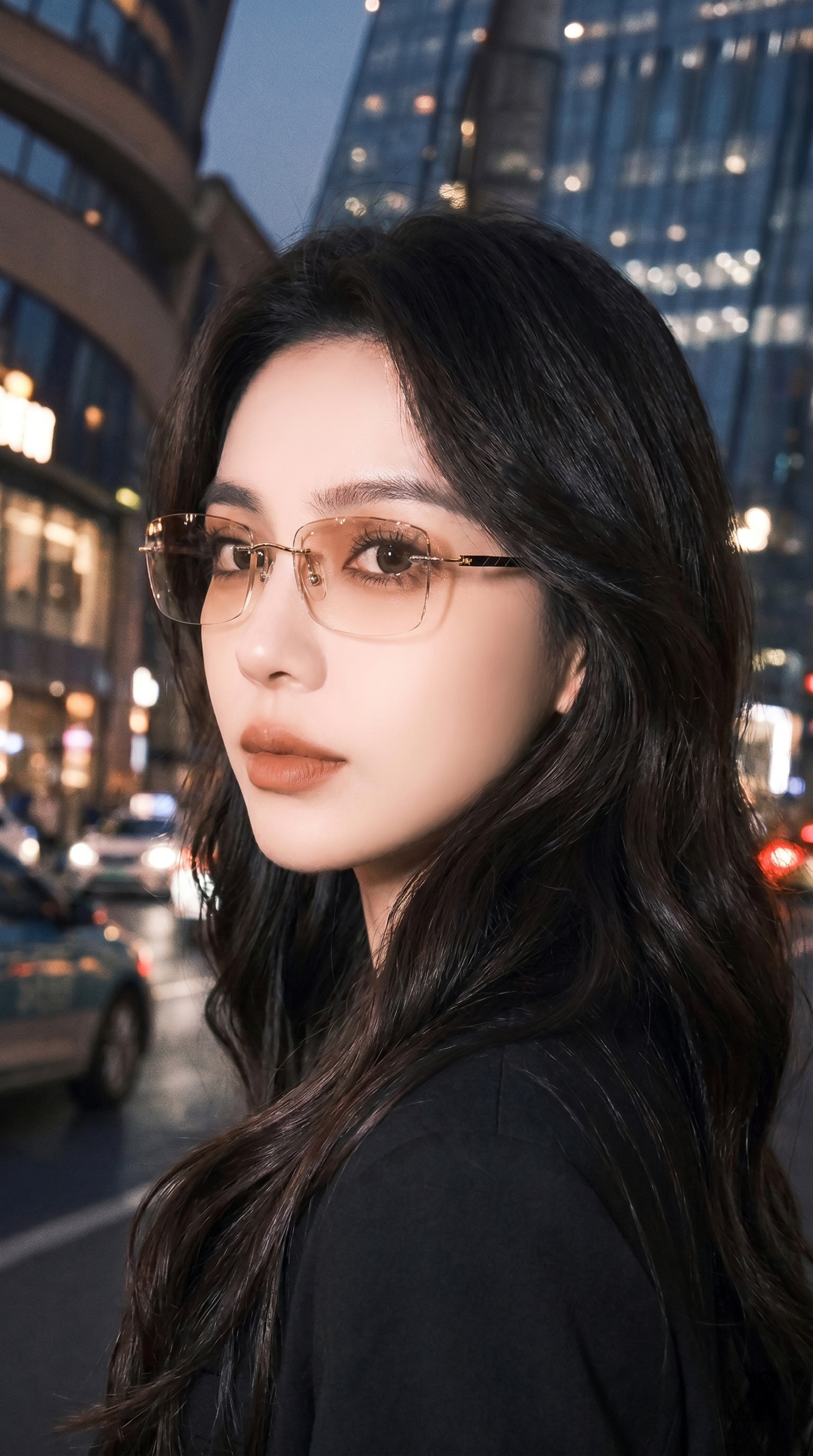 生成女主往前走并回眸看向镜头的特写画面，女主脸上佩戴无框眼镜，… - 图片创意预览