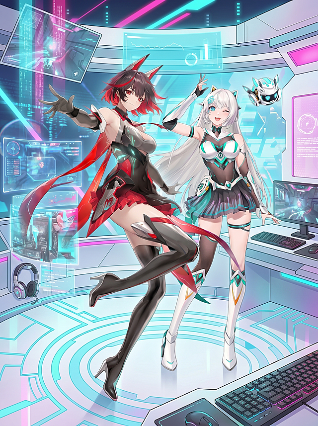 将抠取出来的ROG姬和天选姬组合在一起，生成一张完整的二次元动漫风格画面，两个角色自然同框，整体保持电竞二次元风格，画面干净协调