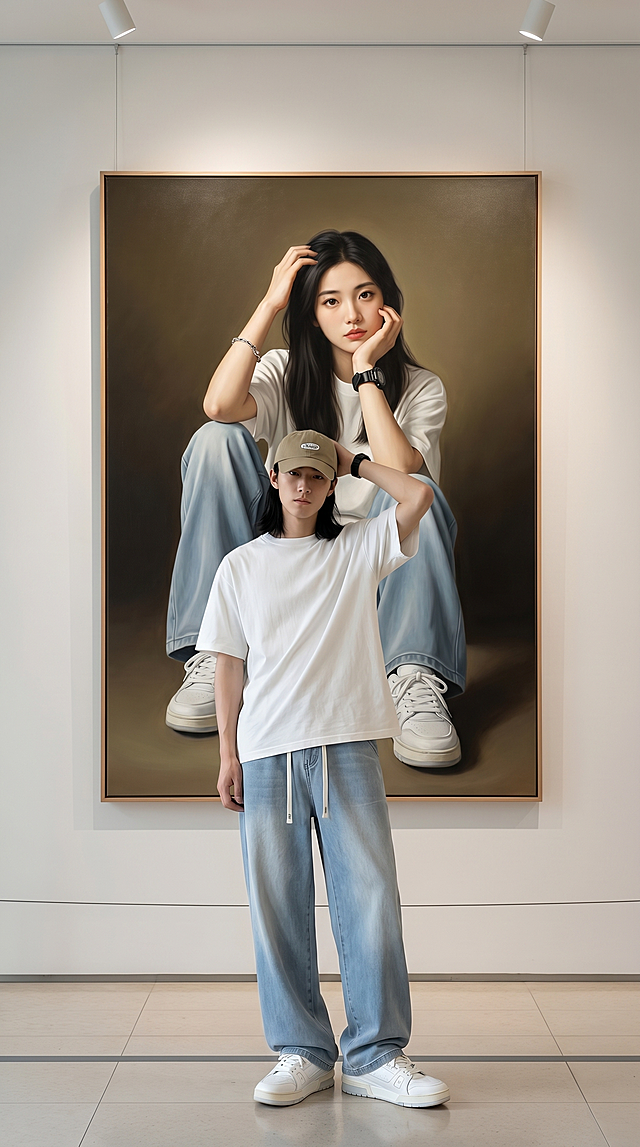 明亮柔和的正午自然光，干净利落的硬阴影，色彩通透低饱和度。竖版构图9:16，画面中间是年轻漂亮的东亚男生，黑长直发，清冷干净的长相，穿美式宽松短袖T恤+浅蓝色渐变天丝牛仔阔腿裤，裤子款式参考图片1，搭配厚底小白鞋，裤子是松紧腰配白色双抽绳，裤腿宽松垂顺。身体靠在后方墙上，后手伸臂摸头左手自然随意，脚部动作站立，身体微微倾斜，头部微微向下，戴着一个卡其色的美式鸭舌帽，表情痞帅自然，视线看向镜头。男生后方的室内展厅上，悬挂着一幅大尺寸竖版古典写实油画，原木色细画框。油画里是年轻漂亮的东亚女生，穿和男生完全一模一样美式宽松T恤+浅蓝色渐变天丝牛仔阔腿裤，裤子款式参考图片2，搭配同款厚底小白鞋，左手撩起部分头发右手动作微微托下巴，左手戴黑色手表，右手戴银色手链，油画背景是卡其色+深棕色的纯色渐变。地面是简约的意大利瓷砖，有横条的拦截线。整体风格cleanfit极简风，画面上方有2个照射灯照在壁画上，无水印无文字，突出裤子的垂坠感和面料质感。拍摄角度为远景