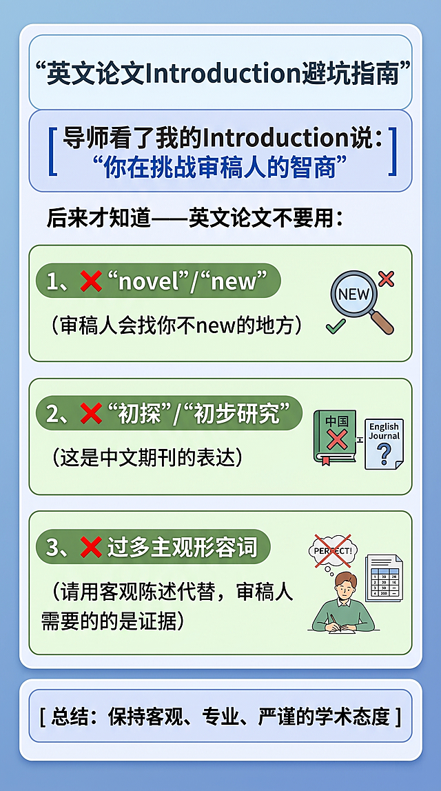 参考上传图片的分块卡片式排版风格，重新对这张英文论文Introduction避坑知识科普图文进行排版，保持所有文案内容不变：标题：英文论文Introduction避坑指南，正文内容：导师看了我的Introduction说：“你在挑战审稿人的智商”，后来才知道——英文论文不要用： ❌ “novel”/“new”（审稿人会找你不new的地方） ❌ “初探”/“初步研究”（这是中文期刊的表达） ❌ 过多主观形容词。要求排版精致，画面有质感，文字清晰不模糊，禁止任何水印，调整布局让内容分区更清晰醒目。