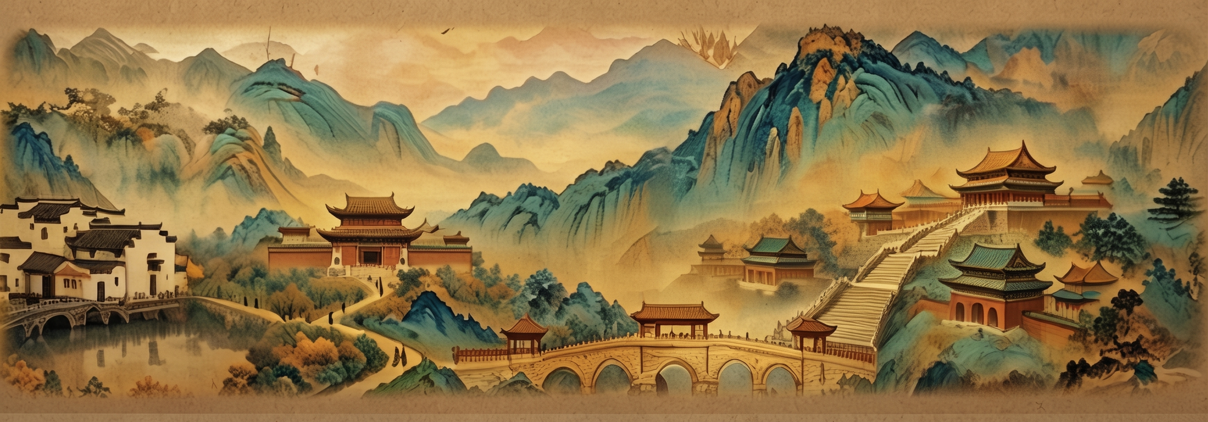 消除图中所有白色文字和白色箭头线条，保留原有中国古风水墨山水古… - 图片创意预览