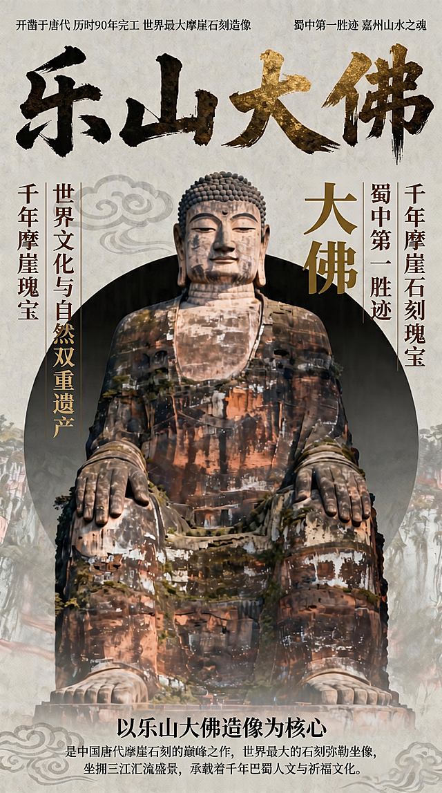 基于这张乐山大佛图片，保留佛像主体，按照以下排版添加文字：
1. 顶部区域：左右两端横排，左上角内容"开凿于唐代 历时90年完工 世界最大摩崖石刻造像"，右上角内容"蜀中第一胜迹 嘉州山水之魂"，字体均为思源宋体CN Light细体，深墨色，极小字号，字间距120，两端对齐页面左右边缘；顶部居中为全画面最大字号，深墨色，带金石质感的苍劲毛笔行书书法大字"乐山大佛"，字宽撑满页面85%宽度，为最高视觉层级。
2. 主体左侧竖排：共2列，整体右对齐，垂直居中于佛像主体，字体为方正清刻本悦宋简体常规体，深褐色，字间距200；第一列"千年摩崖瑰宝"，第二列"世界文化与自然双重遗产"，列间距固定。
3. 主体右侧竖排：共3列，整体左对齐，垂直居中于佛像主体；第一列方正粗宋简体粗体，哑光暗金，大字号，竖排内容"大佛"，字间距300，为第二视觉层级；其余两列方正清刻本悦宋简体常规体，深褐色，字间距200，中间列"蜀中第一胜迹"，最外侧列"千年摩崖石刻瑰宝"，三列列间距均等。
4. 底部区域：居中横排，主标题"以乐山大佛造像为核心"，思源宋体CN Medium中粗体，深墨色，偏大字号；副标题分两行居中，"是中国唐代摩崖石刻的巅峰之作，世界最大的石刻弥勒坐像，坐拥三江汇流盛景，承载着千年巴蜀人文与祈福文化。"，思源宋体CN Light细体，深褐色，偏小字号，行间距150。
整体保留原图片的古风质感，排版清晰，文字层级分明。