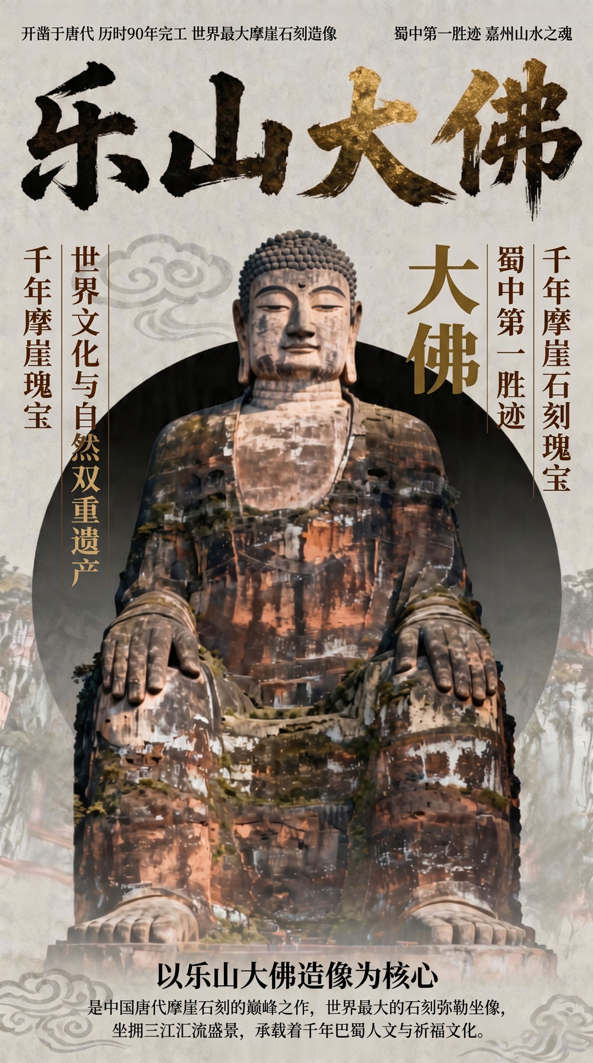基于这张乐山大佛图片，保留佛像主体，按照以下排版添加文字： 1… - 图片创意预览