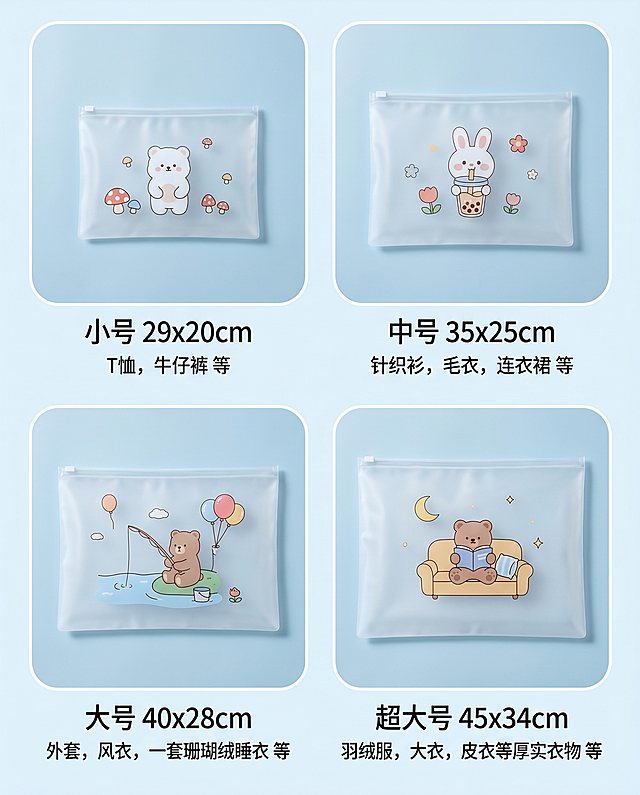 四张半透明磨砂PVC收纳袋，不同尺寸展示，四个分格排版，表面印有可爱小熊兔子卡通图案，保持产品物理结构不变，严禁扭曲拉伸改变产品形态。浅蓝色背景，简约清新展示风格，每个收纳袋单独放在一个圆角方框中，左下角标注对应尺寸和适用衣物文字，柔和明亮漫射柔光。严格锁定宽高比为4:5，4K分辨率，商业电商详情展示图，干净整齐。