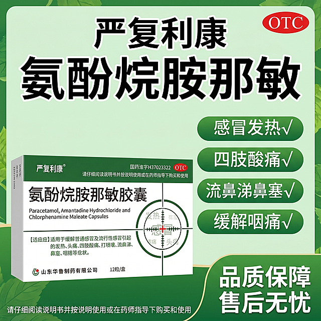 参考图片2的绿色清新医药电商海报风格，生成1:1正方形海报。左侧放置产品图（图片1严复利康氨酚烷胺那敏胶囊包装盒），右上角放置红色椭圆形"OTC"标识，主标题为"严复利康 氨酚烷胺那敏"。在卖点区域，沿用参考图的绿色背景标签，分别展示"感冒发热√"、"四肢酸痛√"、"流鼻涕鼻塞√"、"缓解咽痛√"。海报底部右侧文字为"品质保障 售后无忧 "，底部左侧用小字体标注"请仔细阅读说明书并按说明使用或在药师指导下购买和使用"。背景添加参考图2的叶子图标元素，整体排版和布局按照图片2的模板，确保所有文字清晰可读，产品清晰可见，字体颜色与绿色背景形成良好对比。