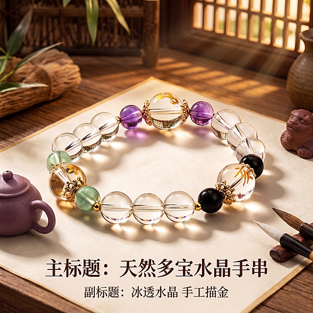 [主图 1] 新中式禅意茶室场景天然白水晶多宝手串首图；[氛围风格]电影级商业静物摄影，新中式禅意东方美学，通透治愈氛围感；[画质]8K超高清商业摄影质感，产品清晰真实无模糊，画面干净高级有质感，去除廉价感和工业假感，保证产品不变形；[元素]天然白水晶多宝手串置于茶席旁居中摆放，搭配紫砂茶宠、宣纸、毛笔作点缀，保持手串外观（物理结构、材质质感、颜色）与输入产品图绝对一致，杜绝任何变形和色差，精细化处理描金细节，突出手串冰透质感与撞色设计。商品主体占比严格控制在 60%-80% 之间，居中构图，留白充足，画面满铺无边框；[光影]暖金色夕阳侧光，丁达尔光束穿透水晶，光线通透有层次，突出水晶冰透特质，大光圈虚化背景，突出手串主体；[配色]低饱和暖调，以木色暖棕色为主，东方禅意氛围感拉满；[视角构图]平视中心构图，大光圈浅景深虚化背景；[文字版式]底部居中放置主标题：天然多宝水晶手串，副标题：冰透水晶 手工描金，文字为深棕色，浅底暗字强对比，文字大小对比清晰主标题更大更粗，不遮挡手串主体；[比例分辨率]1:1 比例，2K分辨率，文字清晰锐利，超高清画质；[负向提示词]廉价感，模糊感，工业假感，产品变形，水印，文字错乱，背景杂乱，遮挡主体