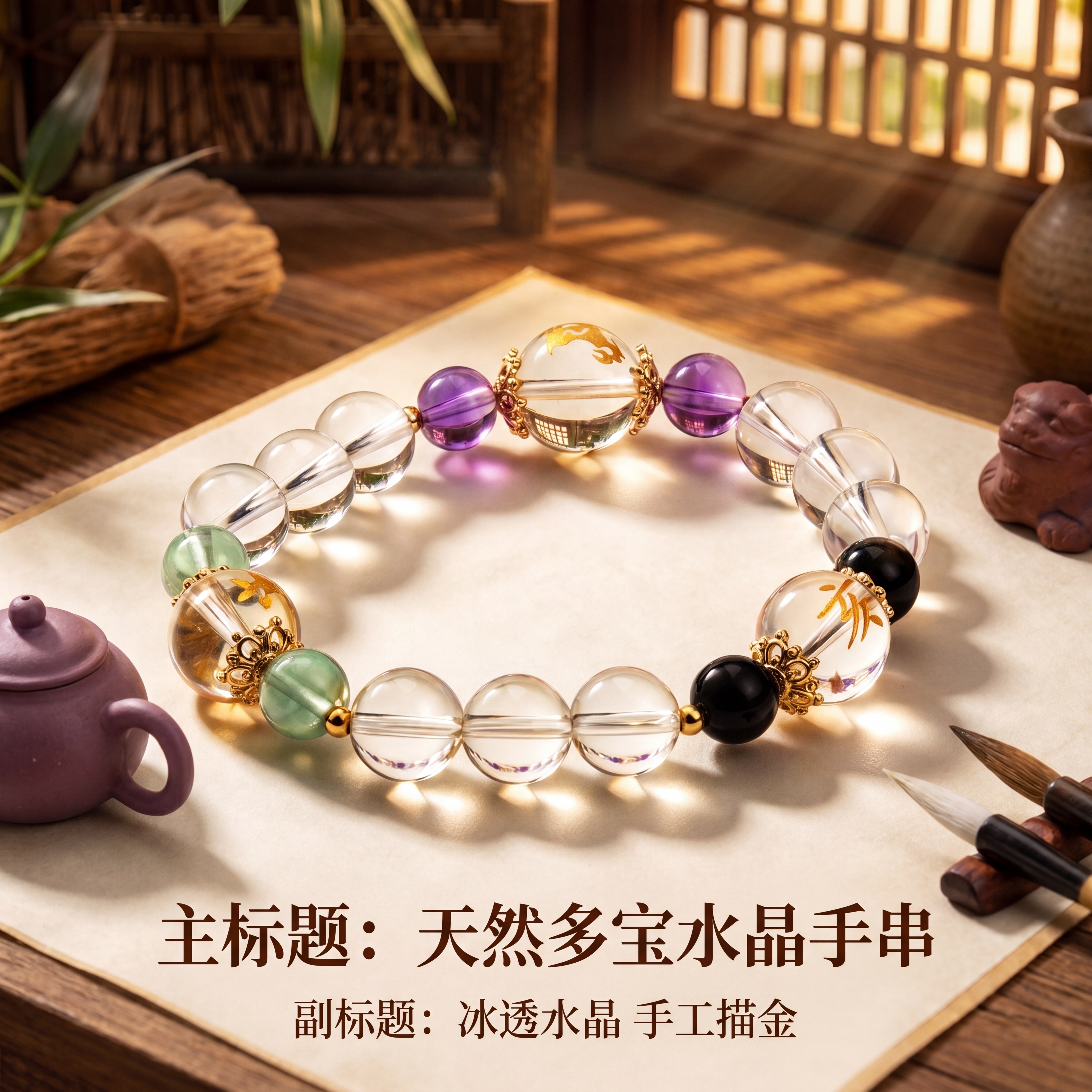[主图 1] 新中式禅意茶室场景天然白水晶多宝手串首图；[氛围… - 图片创意预览
