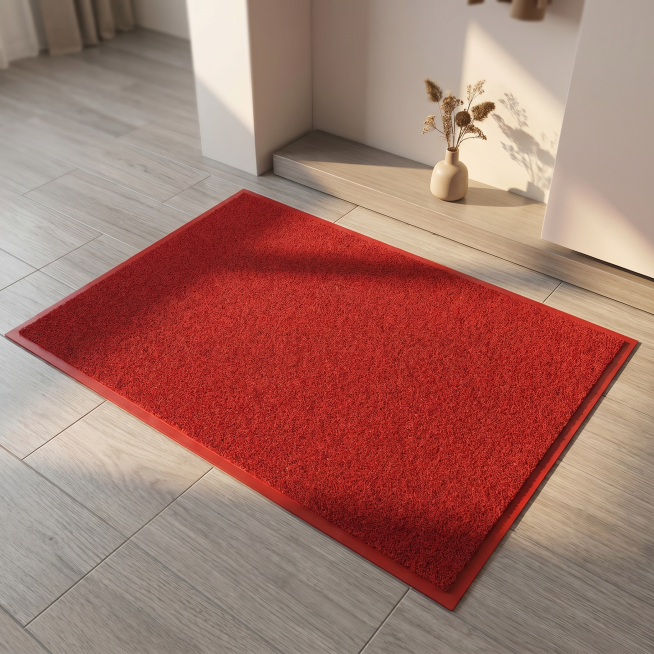 红色PVC丝圈门垫，保持物理结构绝对不变，保持产品外观和颜色不变，严禁扭曲变形。
微俯视构图，平铺在现代家居入户门口地面，有清晰接触阴影，严禁穿模。
浅灰色木纹地砖，现代简约玄关背景，拉开景深。
柔和预览效果