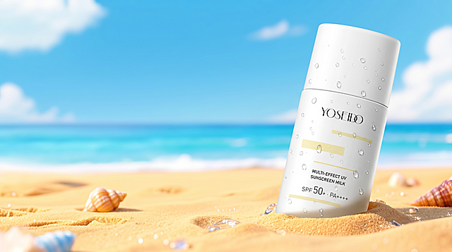 将原图右侧沙滩上的蓝黄色防晒瓶原位替换为图2(参考图)中的白色圆柱体瓶身带有金色条纹的防晒乳，完全保持产品外观和所有文字不变。
用图2中产品的真实物理结构完全覆盖该区域，打破旧物的轮廓束缚，保持新产品的真实比例，严禁挤压或变形。新产品需完美继承原图中旧物的摆放角度、底部接触点、镜头高度与透视关系，保持在沙滩中的嵌入效果，严禁漂浮或位置偏移，使其与背景空间完美融合。仅替换该物体，去除原图所有文字，保持原图其他环境布局绝对不变。
为新产品添加自然的水滴水珠效果，重置光影，赋予自然接触阴影，完美消除边缘白边，产品细节精致、材质真实、立体感强，整体画面协调统一，高清商业质感，无违和感。
严格锁定宽高比为 16:9，4K分辨率