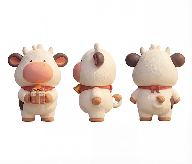 优化尾巴，将尾巴卷曲在身体上，优化耳朵造型，提升画面整体细节清晰度，保留原设计的三只不同角度可爱奶牛IP，3D黏土风格，白底