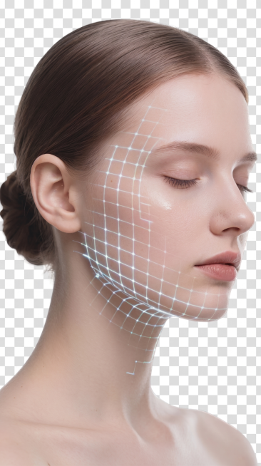 生成一张和原图风格类似的医美科技主题人像图，保持闭着眼睛的侧颜女性和脸部发光网格效果，透明背景，输出8K高清画质，300PPI分辨率预览效果