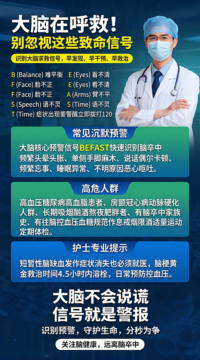 修改图文错误，重新生成神经科科普长图海报，保留整体专业医疗科普排版风格，所有文字内容严格按照正确要求生成：主题"大脑在呼救！别忽视这些致命信号"，主标语"识别大脑求救信号，早发现、早干预、早救治"，内容部分完全准确按照最新要求呈现，修正所有文字错误，保持竖版长图专业分栏，配色舒适适合护士比赛。