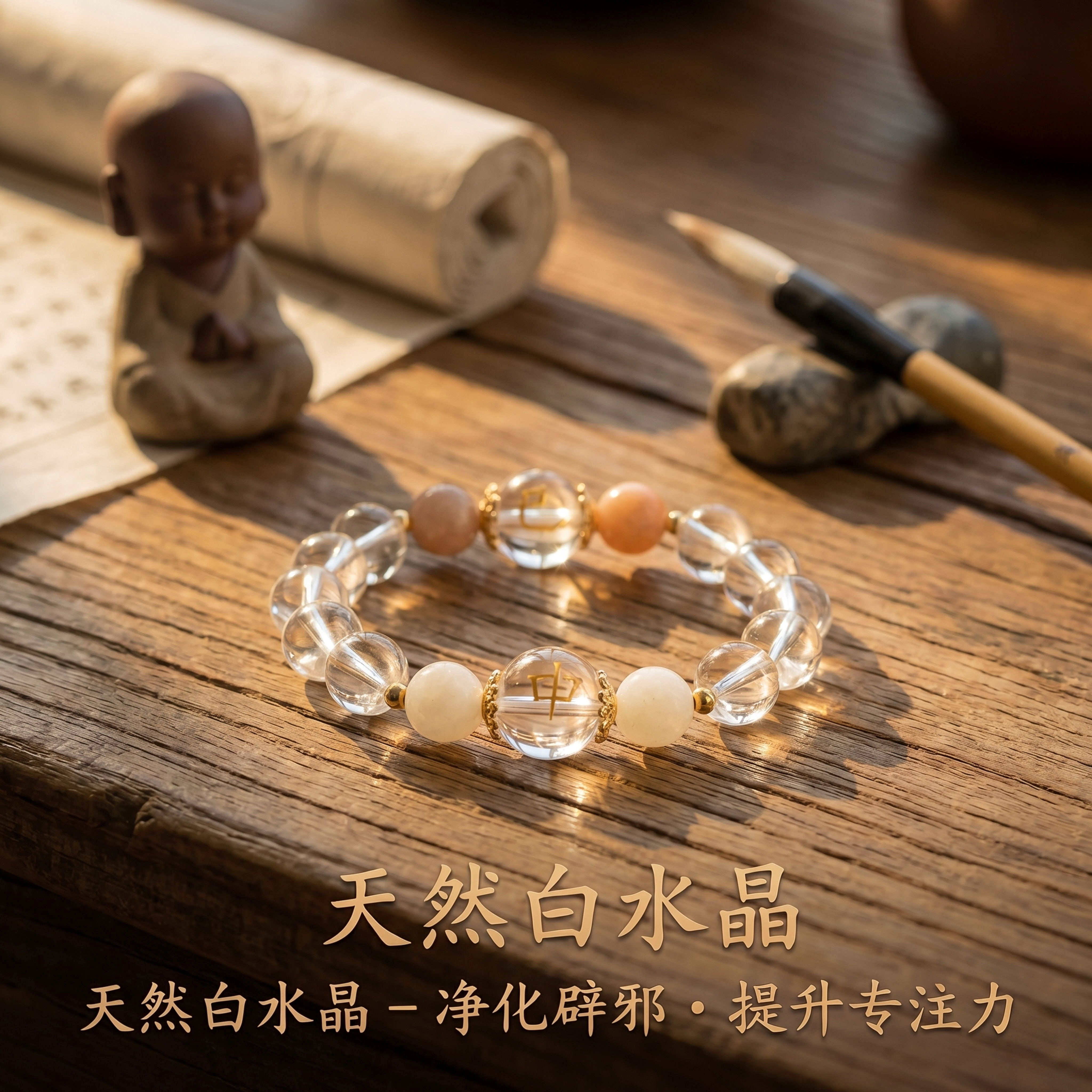 [主图 1] 新中式禅意茶室场景天然白水晶手串首图；[氛围风格… - 图片创意预览
