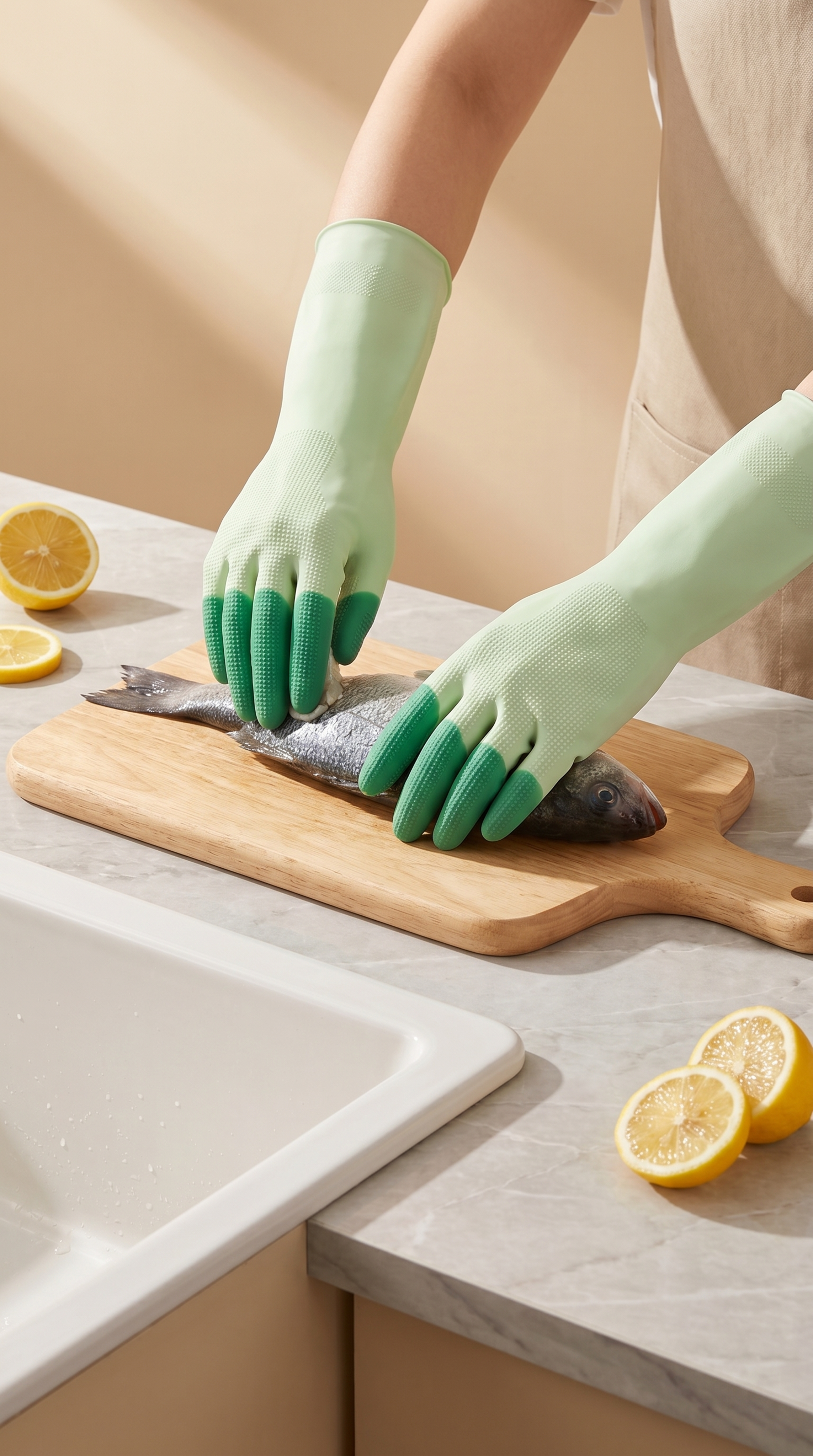 主体：双手戴着乳胶手套，手套款式为指尖深绿色、主体浅绿色、手掌… - 图片创意预览