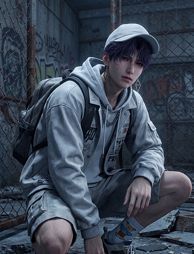 基于参考图的人物面部特征，重新生成一张带有破碎感的街头酷感男性人像，人物气质又颓又野。配饰：白色棒球帽、菱形金属耳环、粗链条项链、双肩背包、带卡通印花的长袜。场景：废弃工业风背景，有铁丝网、涂鸦墙面，整体偏冷调蓝灰色，光影偏暗，营造出颓丧又酷的氛围。姿势：人物蹲坐蜷缩在画面中，身体微微前倾，头抬起看向镜头，姿态慵懒又带着颓丧的张力。构图：中景特写，人物占画面约95%，视觉焦点集中在人物面部和上半身，背景的工业元素强化了街头酷感的主题。服装：浅灰色oversize连帽卫衣搭配同色系工装外套，衣身带有印花细节；浅灰色工装短裤，搭配带卡通印花的长袜和运动鞋。整体风格：街头工装风，又颓又酷，冷调配色强化了暗黑破碎感。