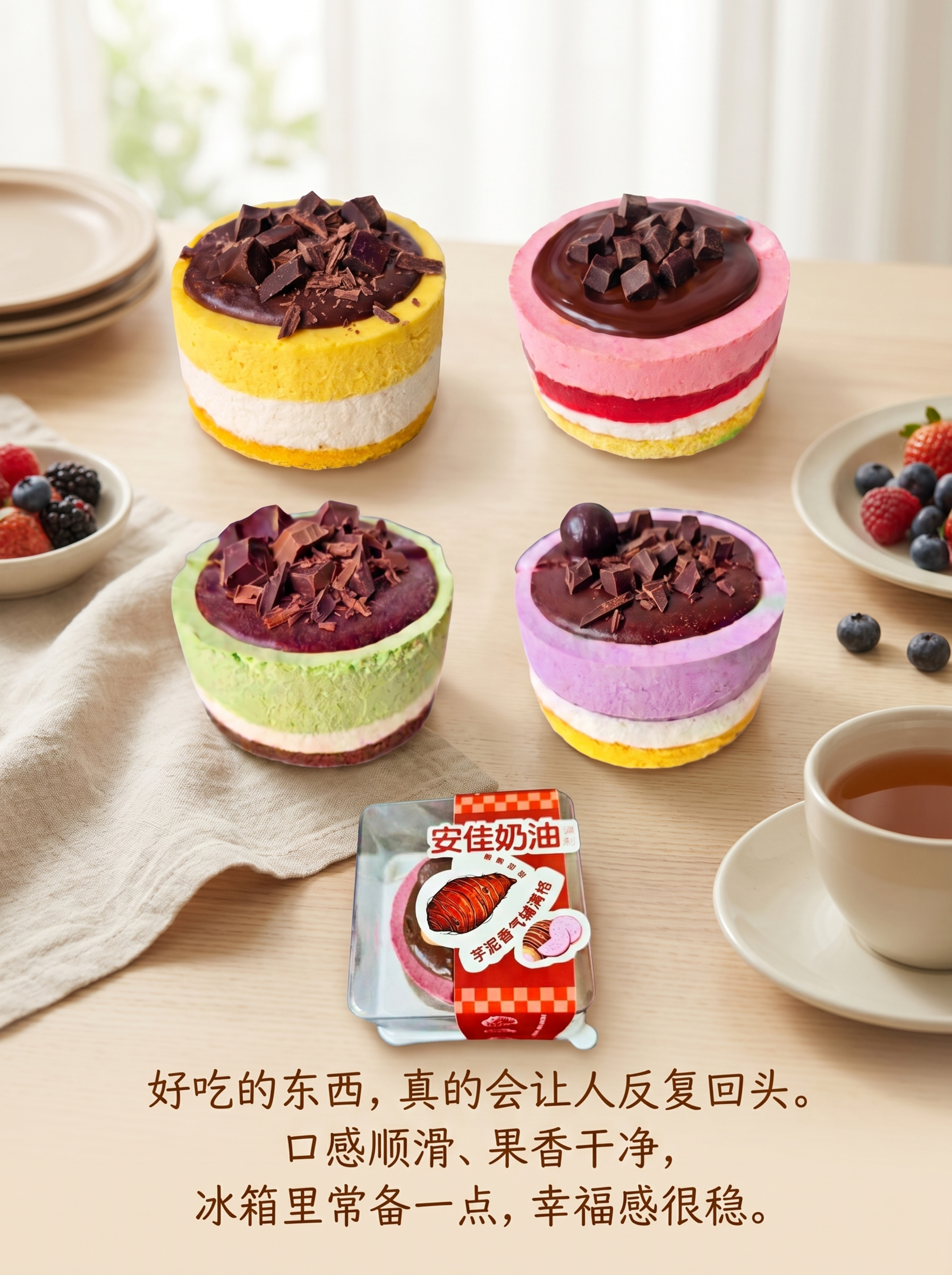 将提供的五张图片中的四个蛋糕和包装标签合成一张美食海报，保持每… - 图片创意预览