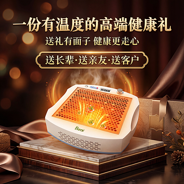 以这台健康仪器为主体，制作一张质感超强的礼品宣传海报，海报上清晰包含文字：主标题"一份有温度的高端健康礼"，副标题"送礼有面子 健康更走心"，核心内容"送长辈·送亲友·送客户"，整体风格高端大气，生动形象，高级质感，光影丰富