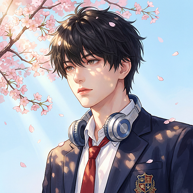 根据参考图人物修改，保留人物五官轮廓，调整为：凌乱蓬松的黑色碎发，浅棕色眼眸，皮肤通透白皙，唇色水润，眼神温柔带点疏离，典型校园白月光人设。穿搭为日系学院风校服，藏青色西装外套带校徽刺绣，白色翻领衬衫，松散的红色领带，颈间挂着银蓝配色的头戴式耳机，整体干净清爽带慵懒少年感。场景为春日户外樱花树下，澄澈浅蓝色天空，盛开的粉色樱花树枝条垂落，花瓣点缀画面，暖金色春日阳光透过樱花枝桠，在人物身上形成斑驳光影，丁达尔光效，整体画面明亮通透，温柔治愈。主色调为藏青、白、红、粉、浅蓝，清新柔和撞色，水彩油画质感，色彩过渡自然。1:1正方形特写构图，人物占据画面主体，樱花枝桠从左上角垂落，黄金分割构图，微微俯拍的平视视角，半身近景，完整呈现人物上半身、穿搭细节与樱花场景。侧前方暖金色阳光，樱花斑驳光影，明暗对比柔和，突出人物轮廓与皮肤通透感，金属耳机高光质感，刻画好发丝蓬松凌乱感、皮肤通透感、衬衫褶皱、西装质感、耳机细节、樱花花瓣层次，细腻逼真