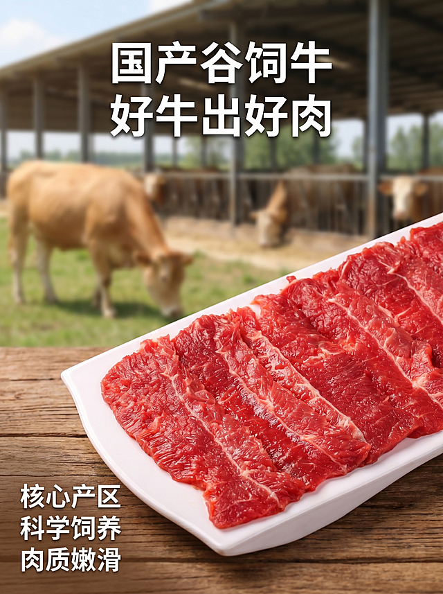 [主图 2] 国产谷饲牛肉产地溯源信任主图。[氛围风格] 自然牧场真实氛围感，专业生鲜摄影。[画质] 4k商业摄影质感，全程清晰无噪点，产品细节处理到位，光线柔和通透，画面干净高级。[元素] 前景摆放切好的鲜红潮汕匙柄牛肉片，背景虚化展示干净牧场牛舍，参考品牌故事图的文案排版，左下角添加品牌介绍信息。保持牛肉纹理颜色质感与输入产品图一致，杜绝变形色差。商品主体占比约65%，满屏无边框。[光影] 自然户外日光，柔和通透，突出牛肉新鲜色泽，背景牧场有空气层次感。[配色] 主色牛肉鲜红色，背景浅绿牧场色，文字黑白分明对比清晰。[视角构图] 平视分层构图，前景产品清晰，背景牧场虚化，层次分明。[文字版式] 顶部大标题粗体："国产谷饲牛 好牛出好肉"，底部留白区域左对齐文字介绍品牌实力："核心产区 科学饲养 肉质嫩滑"，文案干净不遮挡产品。[比例分辨率] 3:4比例，4k分辨率，文字清晰锐利，超高清。[负向提示词] 变形，水印，文字错乱，产品模糊，背景杂乱，噪点，色差。
