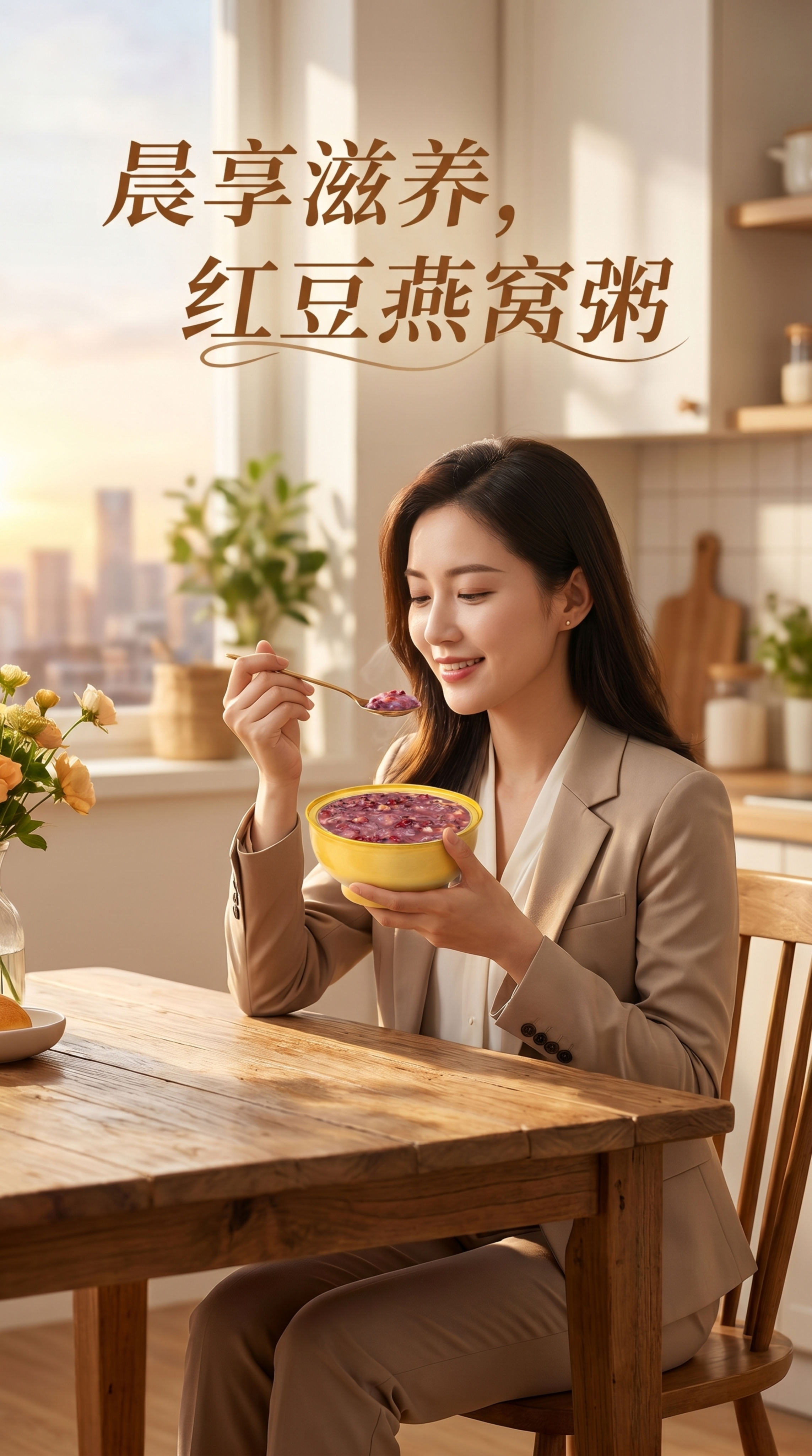 海报设计，清晨场景，一位白领女士拿着一碗红豆燕窝粥在品尝，删除… - 图片创意预览