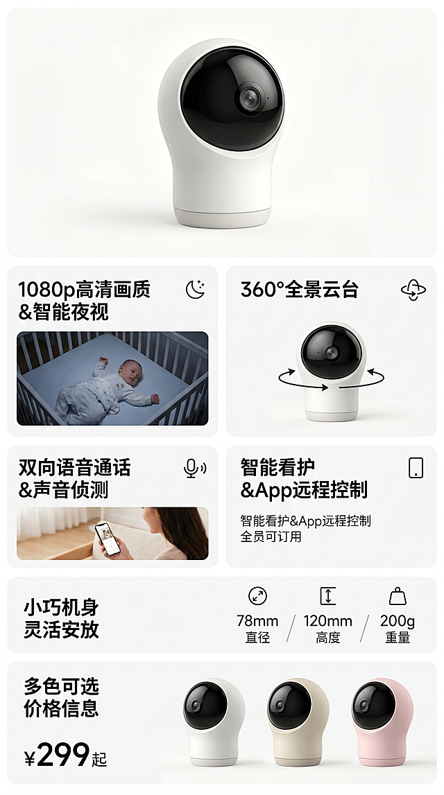 参考左侧徕芬吹风机详情页的排版风格和布局结构，为右侧的白色婴儿监视器智能摄像头生成一张电商详情长图，保持简洁干净的现代设计风格，分区展示产品特点，保留同款版式排版，顶部展示主产品图，然后分块展示产品卖点、规格参数和多色可选价格信息，整体风格保持一致