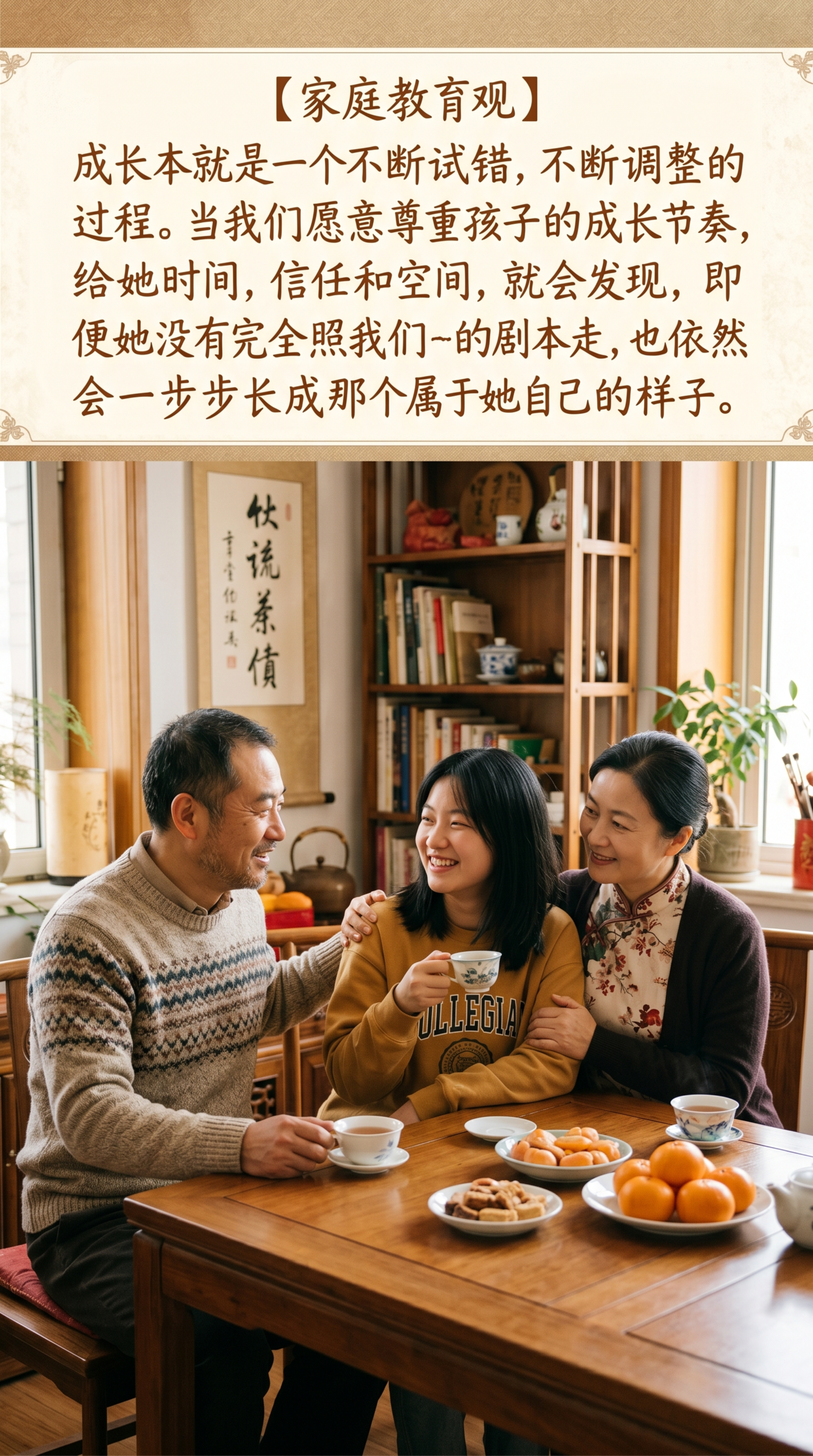 温馨中国风家庭场景，画面中只有一对中年中国父母和一个中国大学生… - 图片创意预览