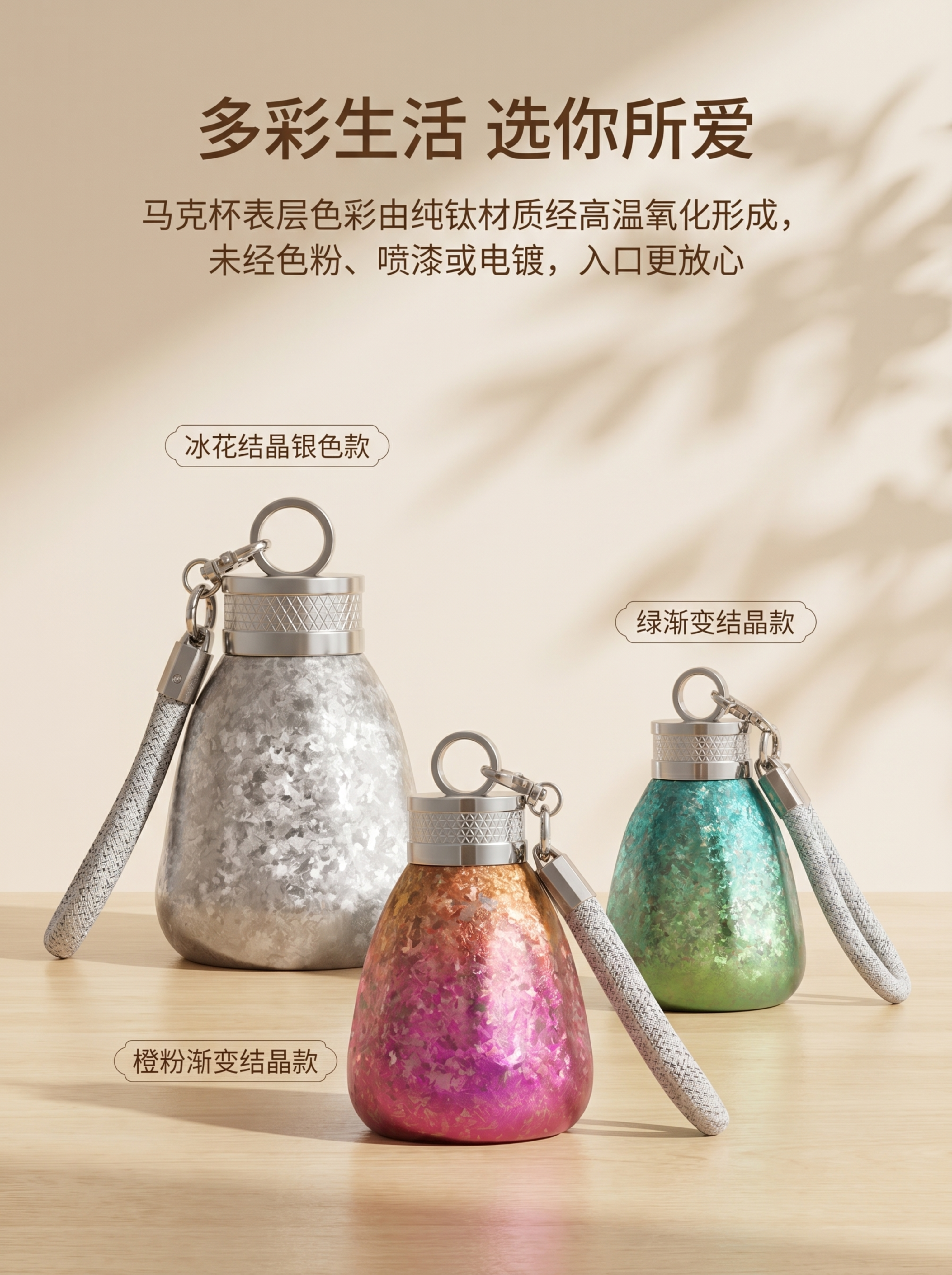 展示三款不同颜色纯钛小胖杯，冰花结晶银色款、橙粉渐变结晶款和绿… - 图片创意预览