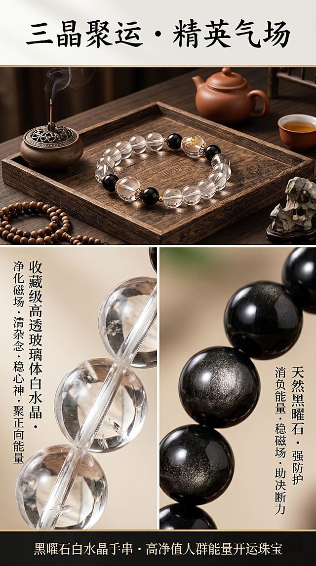 在原图基础上修改，不改变原有手串结构，制作商业特写级8K超高清高端水晶珠宝细节海报，保留原有黑曜石白水晶手串结构，将手串整体置于磨砂禅意木盘上，搭配禅意香薰、茶器文玩元素，采用分镜式呈现：主视觉特写凸显白水晶高透玻璃体质感，还原黑曜石黑沙闪光和白水晶澄澈纹理，清晰展示串珠工艺；左侧分镜白水晶特写标注文字「收藏级高透玻璃体白水晶・净化磁场・清杂念・稳心神・聚正向能量」；右侧分镜黑曜石特写标注文字「天然黑曜石・强防护・消负能量・稳磁场・助决断力」；顶部核心主题文案为「三晶聚运・精英气场」，底部文案为「黑曜石白水晶手串・高净值人群能量开运珠宝」，排版为极简高级分栏式，文案使用书法字体加轻奢字体，低饱和配色，风格为轻奢质感东方禅意，光影柔和高级，极致清晰还原水晶冰透感、天然纹理和黑曜石银沙闪光，凸显高端价值，适合私域种草长图